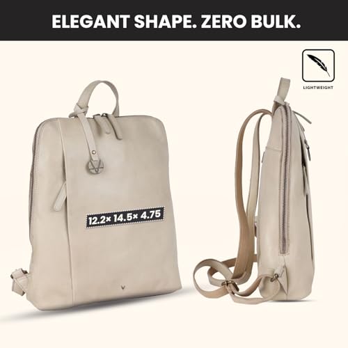 12.5 Inch Genuine Leather Backpack for Women and Men, Beige Leather Backpack with Adjustable Shoulder Strap - color: Beige