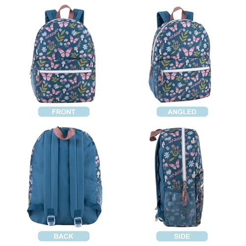 Trail maker 17 inch Backpack for Travel & Commute, Zippered Front & Mesh Side Pockets, Padded Straps - color: Butterfly Garden