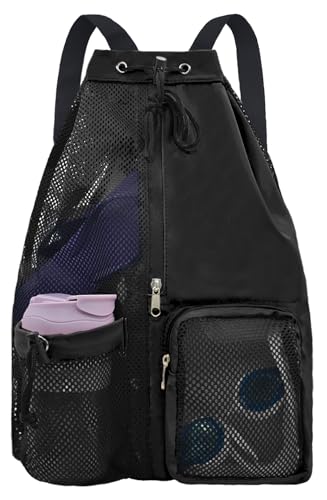 Mesh Beach Backpack with Wet Pocket Drawstring Pool Bag Waterproof Swimming Bag Gym Backpack for Men & Women - color: Black