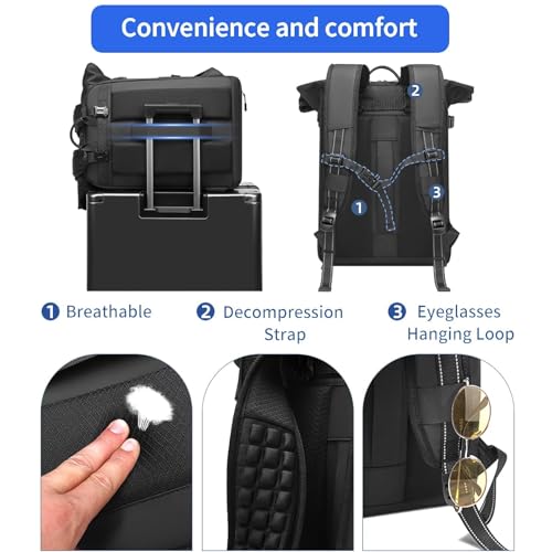 Travel Roll Top Backpack with Shoe Compartment, 17 inch Laptop Compatible, for Business, Hiking, Mountaineering, Large Capacity - color: Black Upgraded Version