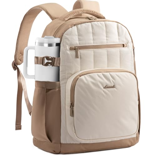 LOVEVOOK Laptop Backpack for Women with Giant Tumbler Holder Pocket,17 Inch Puffer Travel College Work Backpack Purse for Teacher Nurse,Waterproof Laptop Bag Computer Back Pack Daypack,White-Khaki - color: Off-white - Khaki, size: 17 Inch