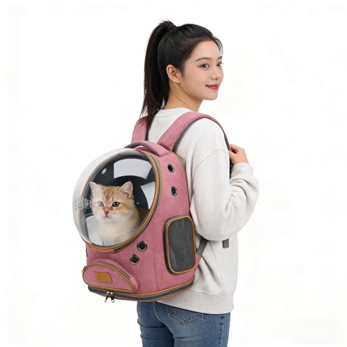 Cat Backpack Carrier, Breathable Cat Carrier Large Space Bubble Pet Backpack for Small Dog and Large cat up to 18lbs, Transparent & Foldable Pet Carrier for Travel Hiking (Pink) - color: pink