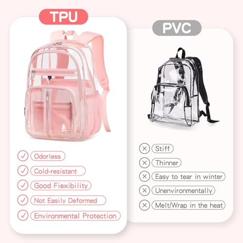 Cusangel XL TPU Clear Backpack Heavy Duty for Stadiums, 18in School Bookbag Teens 15+ boys Girls and Adults Multi-Pocket Design & Reinforced Stitching (Pink-18inch) - color: Pink-18inch
