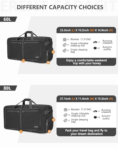 Gonex Large Foldable Travel Duffle Bag with Shoes Compartment, Packable Lightweight Water Repellent Duffel Bag for Camping Gym Weekender Bag - color: Dark Grey, size: 150L