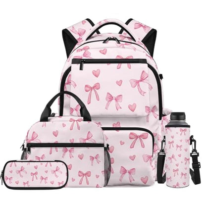 Pink Bow Backpack for Girls Back to School Backpack with Lunch Box Pencil Case and Water Bottle Holder 4 in 1 Lightweight 4th Grade Backpack for Girls Kids Bookbag for Primary School - color: Pink Bow