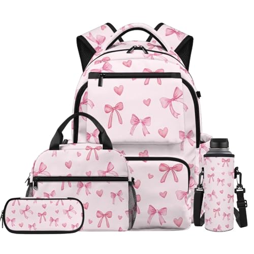 Pink Bow Backpack for Girls Back to School Backpack with Lunch Box Pencil Case and Water Bottle Holder 4 in 1 Lightweight 4th Grade Backpack for Girls Kids Bookbag for Primary School - color: Pink Bow