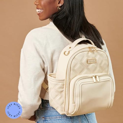 Itzy Ritzy Mini Diaper Bag Backpack – Chic, Compact Mini Plus Backpack with Changing Pad, 10 Pockets (6 Internal, 4 External), Grab-Top Handle & Rubber Feet (Milk & Honey) - color: Milk & Honey