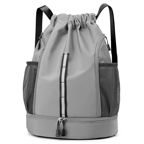 Sport Gym Bag Drawstring Backpack Beach Bag for Men Women with Shoe Compartment and Reflective Strips (Grey) - color: Grey