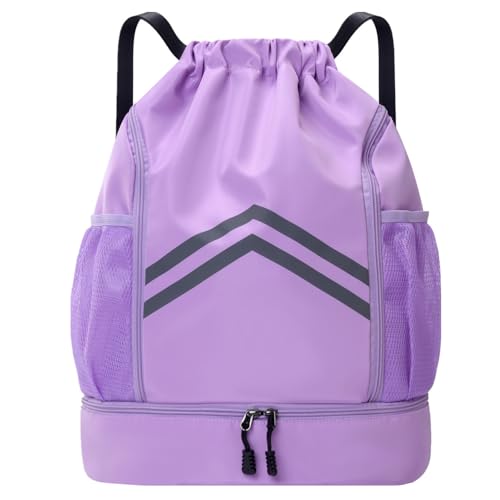 Sports Drawstring Backpack Bag - Waterproof Gym Drawstring Bags with Shoes Compartment and Water Bottle Pockets - Cinch String Backpack - Swim Drawstring Beach Bags for Women & Men, Purple - color: Purple