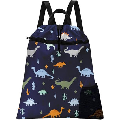 Funny Dinosaur Drawstring Backpack, 15” x 17” Waterproof Swim Bag for Beach Swimming Pool, Lightweight Foldable Gym Bag with Water Bottle Holder for Sports Travel - color: Funny Dinosaurs