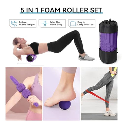 5 in 1 Foam Roller Set, High Density Fitness Exercise Foam Roller for Deep Tissue Muscle Massage, Massage Roller, Massage Ball, Resistance Band, for Whole Body(Purple) - color: Purple