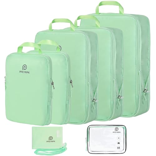 PFEYRPK Lightweight Compression Packing Cubes for Suitcases, Compressible Expandable Travel Packing Organizer with Clear Toiletries and Backpack Bag, Travel Essentials for Carry on Luggage 7 Set - color: Green, size: 7 Set