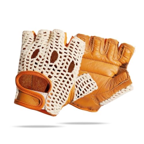 Real Soft Leather Crochet Net Fingerless Driving Weight Training Cycling Wheelchair Gloves W-1037 - color: Tan/White, size: XX-Large