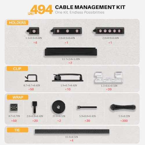 494 PCS Cable Management Kit - 4 Cable Sleeve Split, 2 Cable Organizer, 130 Adhesive Cable Clip, 6 Cable Holder, 2 Roll Cable Organizer Strap, 300 Cable Tie with 50 Mount, for Computer TV Under Desk
