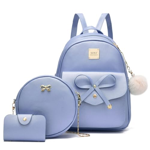 ZGWJ Mini Backpack Purse for Women - 3-Piece Set, Small PU Leather Bowknot Fashion Backpacks, Cute Casual Travel Daypacks - color: Blue-3pcs
