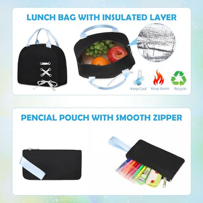 Backpacks for Girls, Girls Backpack with Lunch Box and Pencil Case for Teen Kids Elementary Middle High School College Student, Children Backpack Bookbag with USB Charging Port (Black Blue with Chain) - color: Black & Blue With Chain