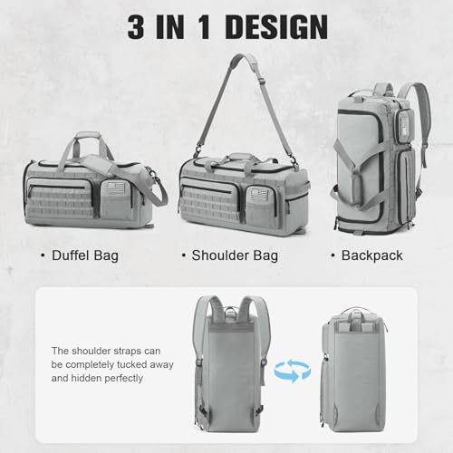 G4Free 3-in-1 Travel Duffle Bag for Men and Women, 50L Large Gym Sports Bags Tactical Military Duffle Backpack with Shoes Compartment and Wet Pocket (Grey) - color: Light Grey