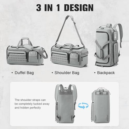 G4Free 3-in-1 Travel Duffle Bag for Men and Women, 50L Large Gym Sports Bags Tactical Military Duffle Backpack with Shoes Compartment and Wet Pocket (Grey) - color: Light Grey