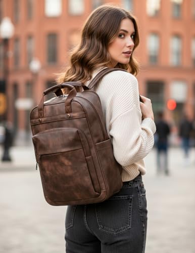 Rcrirth PU Leather Laptop Backpack for Women | 17 Inch Laptop Backpack for Work - Large Capacity Computer Bag Nurse Bag Casual Daypack (Coffee) - color: Coffee