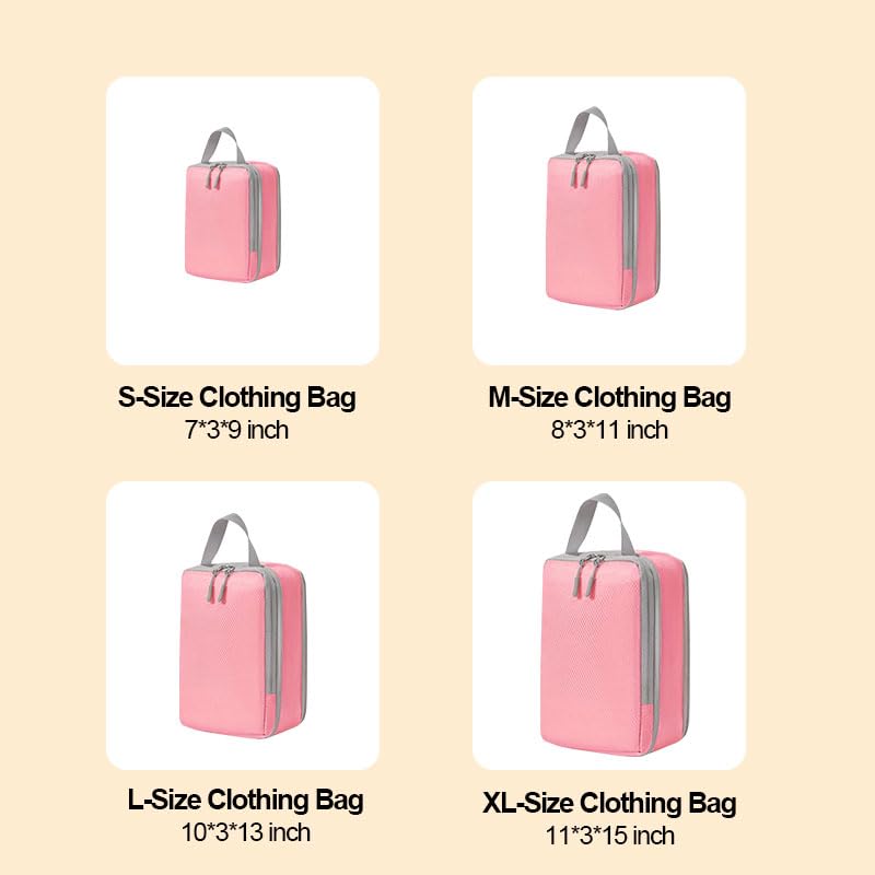 4 Pcs Compression Packing Cubes, Expandable Storage Travel Luggage Bags Organizers for Luggage & Closet Organization, Business Travel & Home Storage, Pink