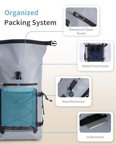 ECOHUB Waterproof Backpack for Women Men, 30L Roll-Top Closure Heavy Duty Dry Bag for Travel with IPX8 Waterproof Phone Case - color: Grey