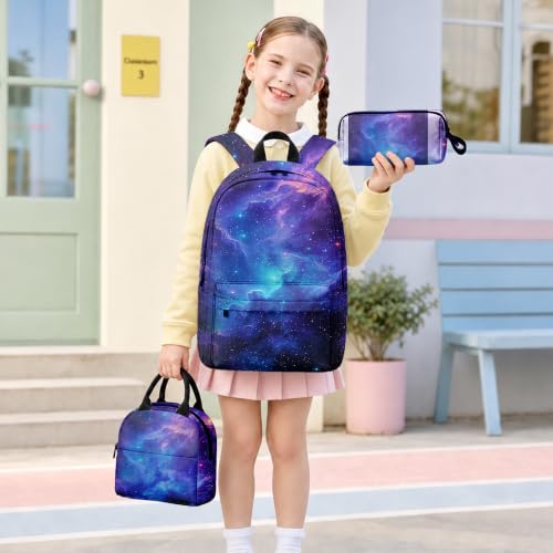 Galaxy 3PCS Backpack for Boys Girls, Kids Back to School Backpack Set with Lunch Box Pencil Case, 17 Inch Lightweight Bookpack 3 in 1 Set for Teens Elementary Middle High School Students - color: Galaxy