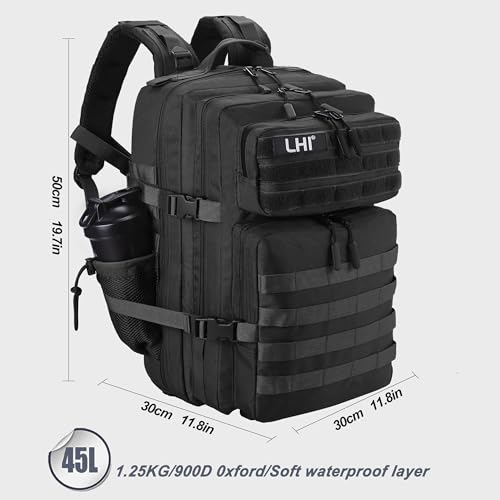 LHI Military Tactical Backpack for Men and Women 45L Army 3 Days Assault Pack Bag Large Rucksack with Shoe Compartment - color: 1.2 Shoe Compartment(black)