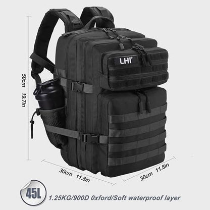 LHI Military Tactical Backpack for Men and Women 45L Army 3 Days Assault Pack Bag Large Rucksack with Shoe Compartment - color: 1.2 Shoe Compartment(black)