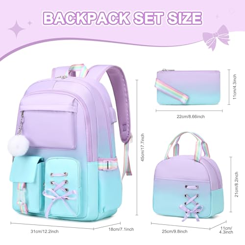 Scothen Backpacks for Girls, Girls Backpack with Lunch Box & Pencil Pouch for Teens Girl Kids Elementary Middle High School College Student Bookbag Daypack Laptop Travel Backpack for Women - color: Purple Blue