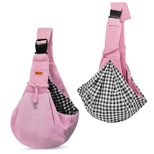 CUBY Dog and Cat Sling Carrier, Hands Free Reversible Pet Papoose Bag, Soft Pouch Adjustable, Suitable for Puppy Cats for Outdoor Travel (Pink, M-Adjustable Strap) - color: Pink, size: M
