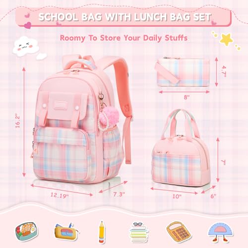MUSEVOS Girls Backpack with Lunch Bag, Kindergarten Elementary Middle School Backpack, Multiple Compartments Large Capacity Kids Bookbag 3 Pcs Set(Pink) - color: Pink-3pcs Set