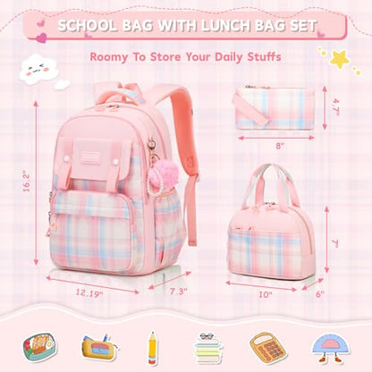 MUSEVOS Girls Backpack with Lunch Bag, Kindergarten Elementary Middle School Backpack, Multiple Compartments Large Capacity Kids Bookbag 3 Pcs Set(Pink) - color: Pink-3pcs Set