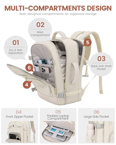 LOVEVOOK Travel Backpack For Women, 40L Carry On Backpack Flight Approved, TSA Personal Item Backpack Fits 17 Inch Laptop, Business Weekender Overnight Waterproof Daypack With 2 Packing Cubes, Beige - color: Beige, size: 40l-17.3 Inch-3pcs Standard