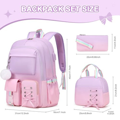 Scothen Backpacks for Girls, Girls Backpack with Lunch Box & Pencil Pouch for Teens Girl Kids Elementary Middle High School College Student Bookbag Daypack Laptop Travel Backpack for Women - color: Purple Pink