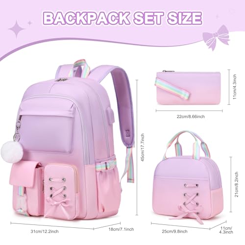 Scothen Backpacks for Girls, Girls Backpack with Lunch Box & Pencil Pouch for Teens Girl Kids Elementary Middle High School College Student Bookbag Daypack Laptop Travel Backpack for Women - color: Purple Pink