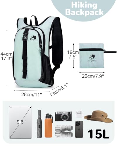 Folding Hiking Backpack with Phone Pocket for Men Women, Small Ultralight Packable Casual Daypack with Shoulder Chest Straps for Travel, 15L Foldable Lightweight Day Pack, Green - color: Green