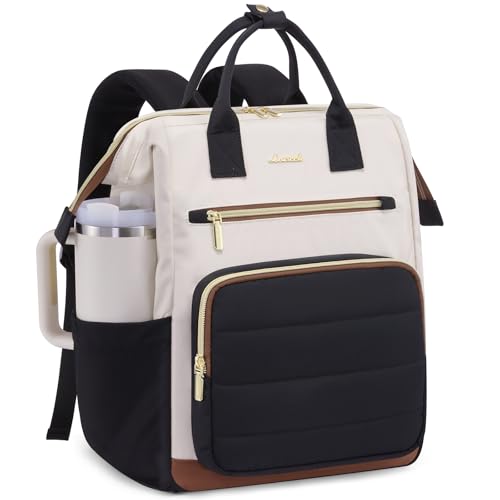 LOVEVOOK Puffer Laptop Backpack for Women, 15.6 Inch Work Backpack purse for Nurse Teacher, College Back to School Bookbag for Teen Girls, Personal Item Travel Bag Computer Daypack for Daily Commute - color: Black-white-brown-1, size: 15.6 Inch