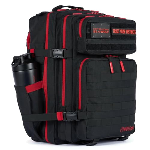 WOLFpak 45L Athletic Gym Backpack (Red Wolf) Durable 1000D Waterproof Oxford Material with MOLLE Webbing, Laptop Pocket & Dual Cup Holders, Durable Fitness/Travel/Military Daypack - color: Red Wolf