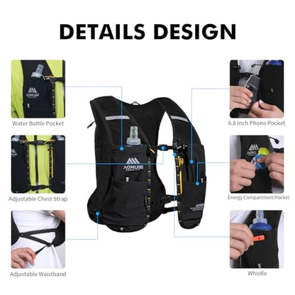 AONIJIE Running Hydration Vest for Men Women 8L Backpack with 500ml Soft Flask Water Bottle - style: Black( Ice Soft Flask)