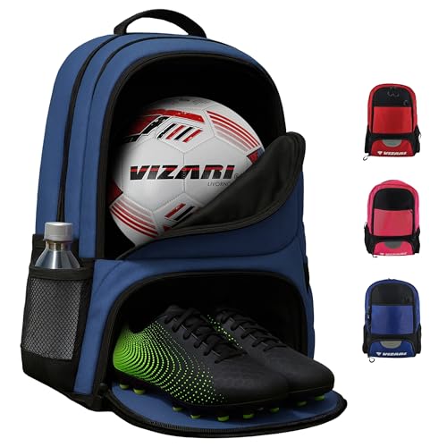 Vizari Soccer Backpack Soccer Bag | Water resistant Durable Equipment Bag for Football, Basketball, Volleyball | Cleats and Ball Compartment - Red,Blue,Pink,Black - color: Black/Navy
