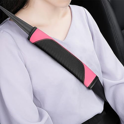 AUCELI 2PCS Car Seat Belt Cover, Carbon Fiber Seatbelt Shoulder Strap Covers, Breathable Leather Soft Harness Pad Protect Your Neck and Shoulder Compatible with Cars - color: Black/Pink