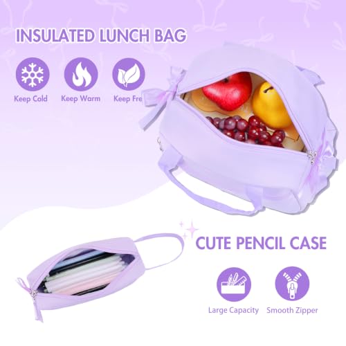 Kids Backpack for Girls - 3PCS Cute Embroidered Bow Girls Backpack with Insulated Lunch Bag & Pencil Case - Bookbag for Teen Women Middle High School College Work Travel Daypack - color: Purple