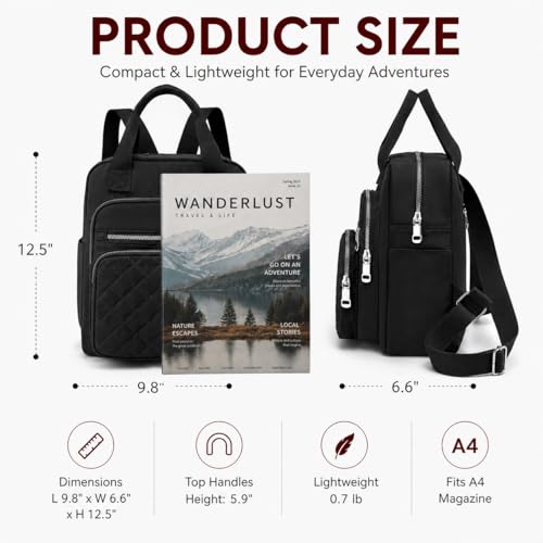 Small Backpack for Women Casual Quilted Square Bag Waterproof Multi Pockets Daypack Lightweight Top Handle Satchel - color: Black