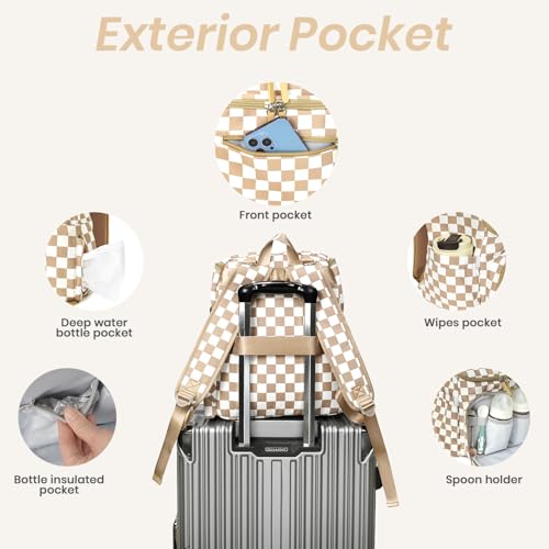 FHELAD Checkered Diaper Bag Backpack with Changing Pad & Stroller Clips, Large Travel Baby Diaper Bag for Newborn Moms, Baby Shower Gifts (Light Brown) - color: Light Brown