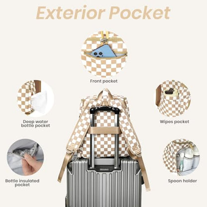 FHELAD Checkered Diaper Bag Backpack with Changing Pad & Stroller Clips, Large Travel Baby Diaper Bag for Newborn Moms, Baby Shower Gifts (Light Brown) - color: Light Brown