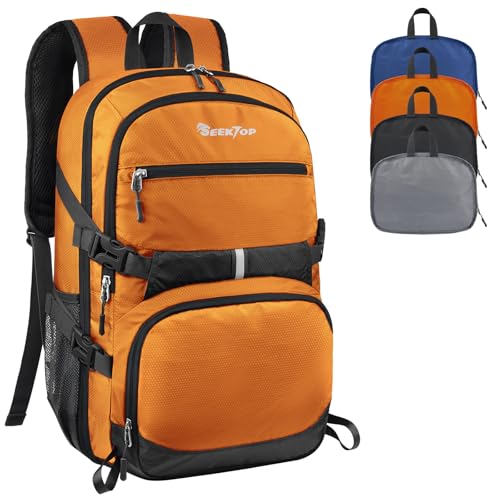 Seektop Lightweight Travel Backpack for Men Women, Multiple Pockets 40L Hiking Backpack Foldable Carry on Backpack for Outdoor Camping Sport Leisure - color: Orange