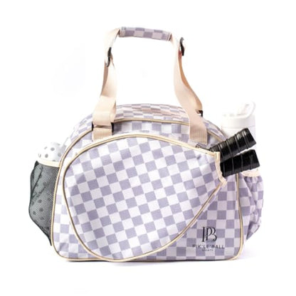 Pik’le’Ball Sport Premium Women's Pickleball Bag – Stylish and Versatile Sports Bag with Water Bottle Holder, Padded Paddle Pocket, and Spacious Design (fits 2+ Paddles!) - color: Checkered Chic Tan