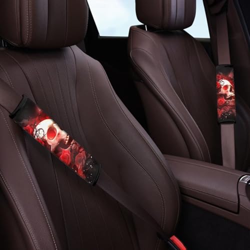 Dreaweet Red Rose Skull Seat Belt Covers for Women 2 Pack Car Seat Belt Cover Shoulder Seatbelt Pads Cover Halloween Car Car Accessories Soft Seat Belt Cushion Shoulder Strap - color: Rose Skull