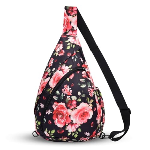 HUA ANGEL Crossbody Sling Bag for Men & Women Lightweight Waterproof Chest Shoulder Bag for Travel Hiking & Everyday Use - color: W-red Flower