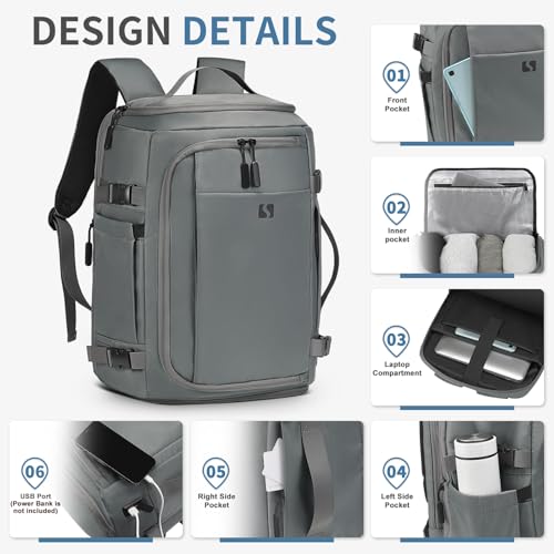 35L Travel Backpack 17" Laptop Backpack W/USB-C Port, Expandable Carry-On Bag, TSA Flight Approved Water-Resistant for Business College, Grey - color: Grey
